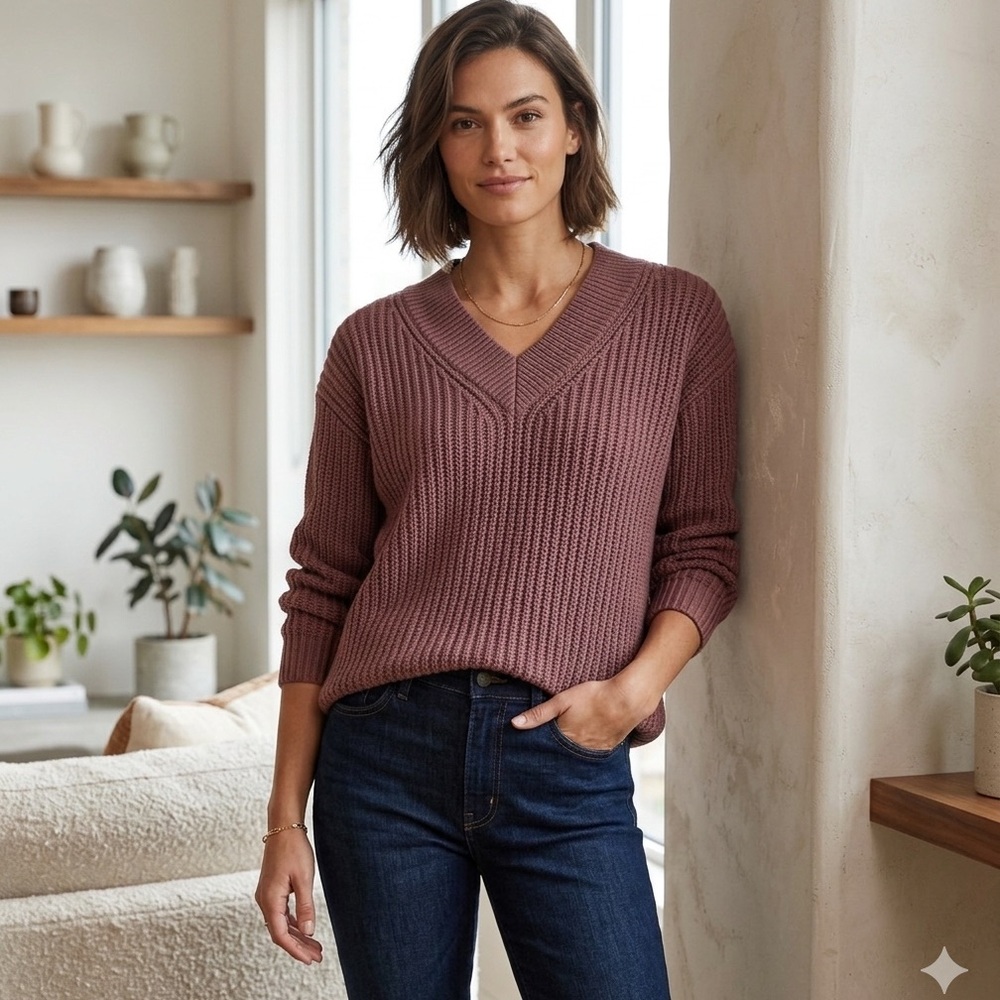 Wilfred Mauve Merino Wool V-Neck Cable Knit Pullover Sweater M/L